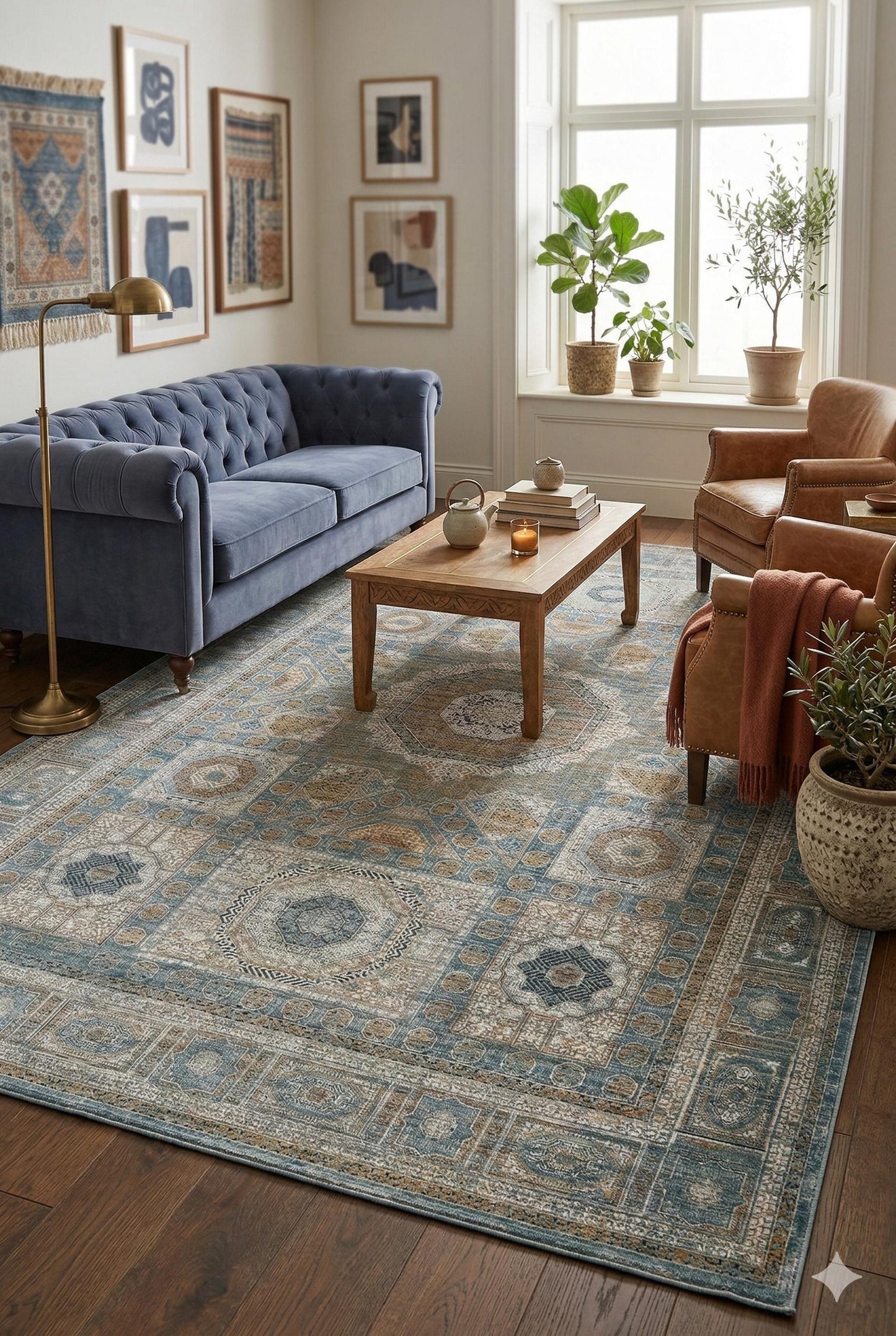 8x11 ft, Blue Viscose Rug: Classic Oriental Medallion desing Bamboo Carpet