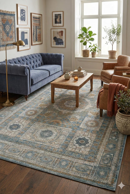 8x11 ft, Blue Viscose Rug: Classic Oriental Medallion desing Bamboo Carpet