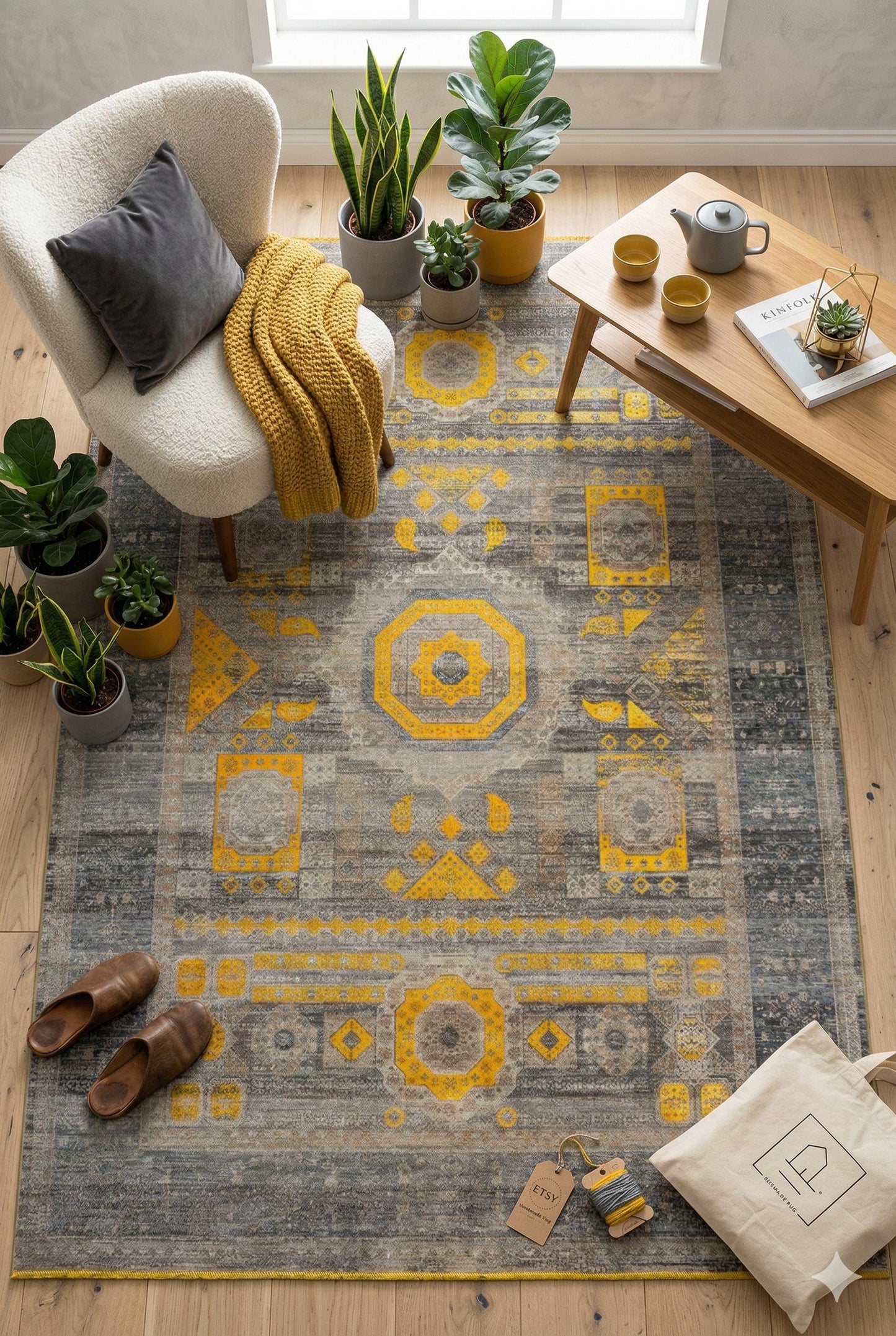7x10 ft, Yellow Oriental Bamboo Rug: Classic memluk carpet with fringes