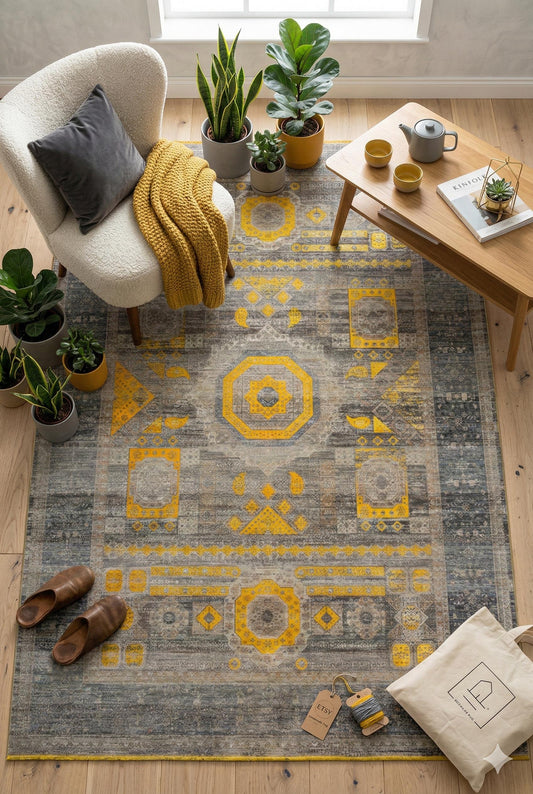 7x10 ft, Yellow Oriental Bamboo Rug: Classic memluk carpet with fringes