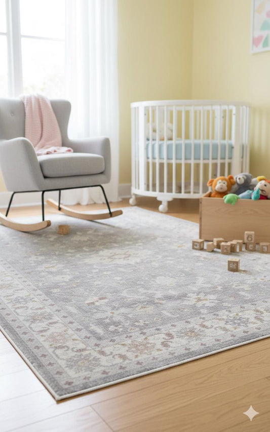 Gray Turkish Style Rug: Floral Medallion, Ivory Border