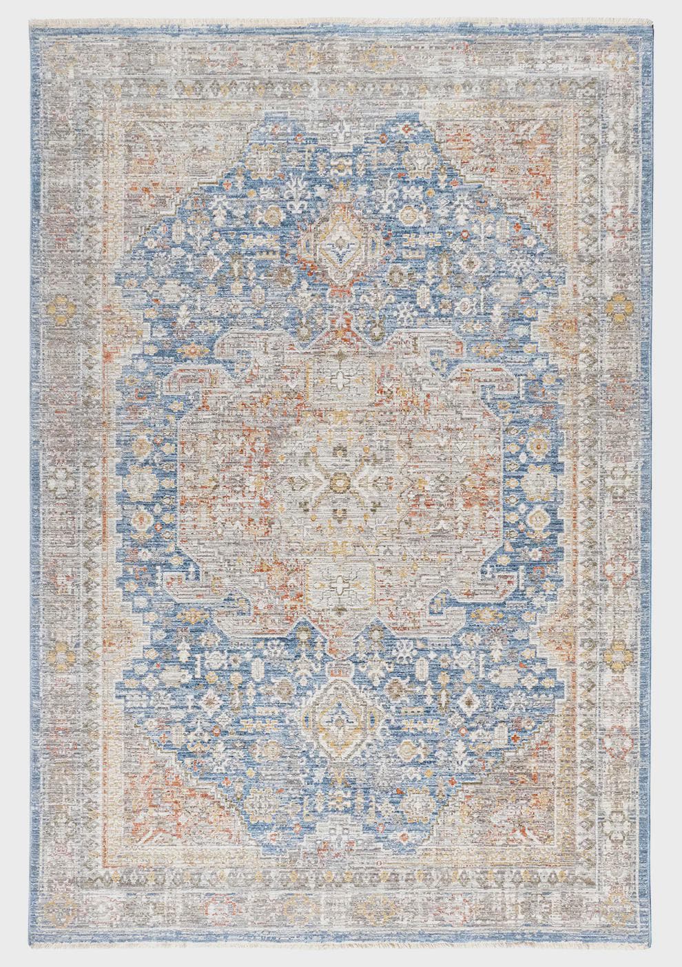 Distressed Medallion Area Rug – Blue Boho Vintage Carpet, Machine Washable Antiallergic (200x290 cm)