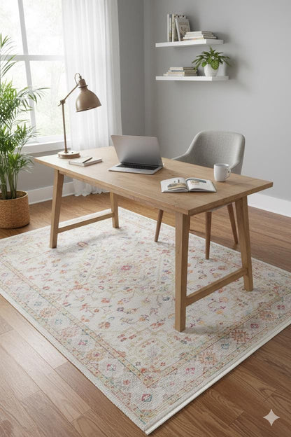 Muted Pink Turkish Style Rug – Geometric Medallion, Vintage Wash
