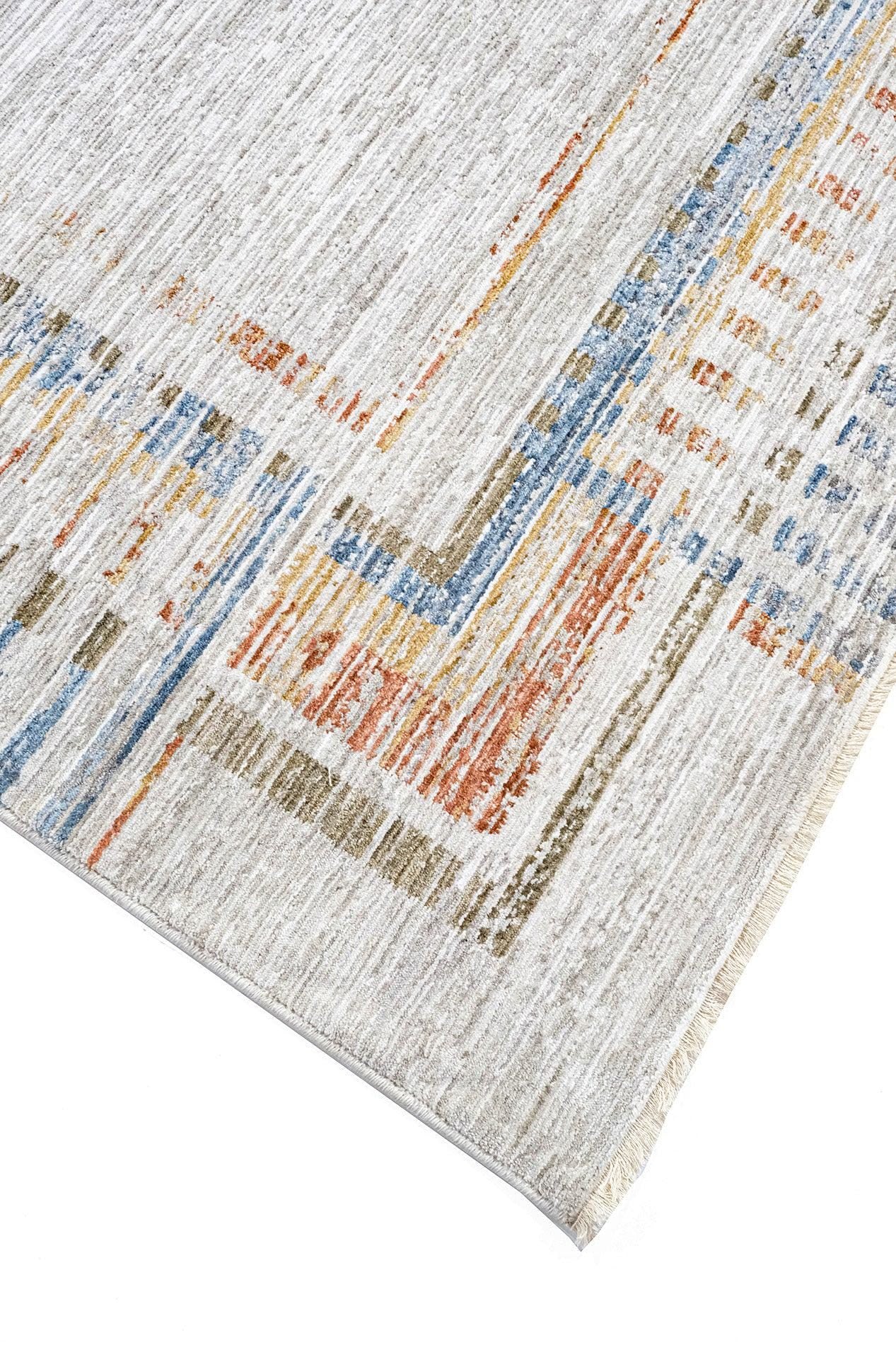 Light Gray Abstract Area Rug – Geometric Border, Neutral Boho Decor, 7x10ft