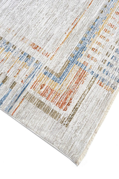 Light Gray Abstract Area Rug – Geometric Border, Neutral Boho Decor, 7x10ft