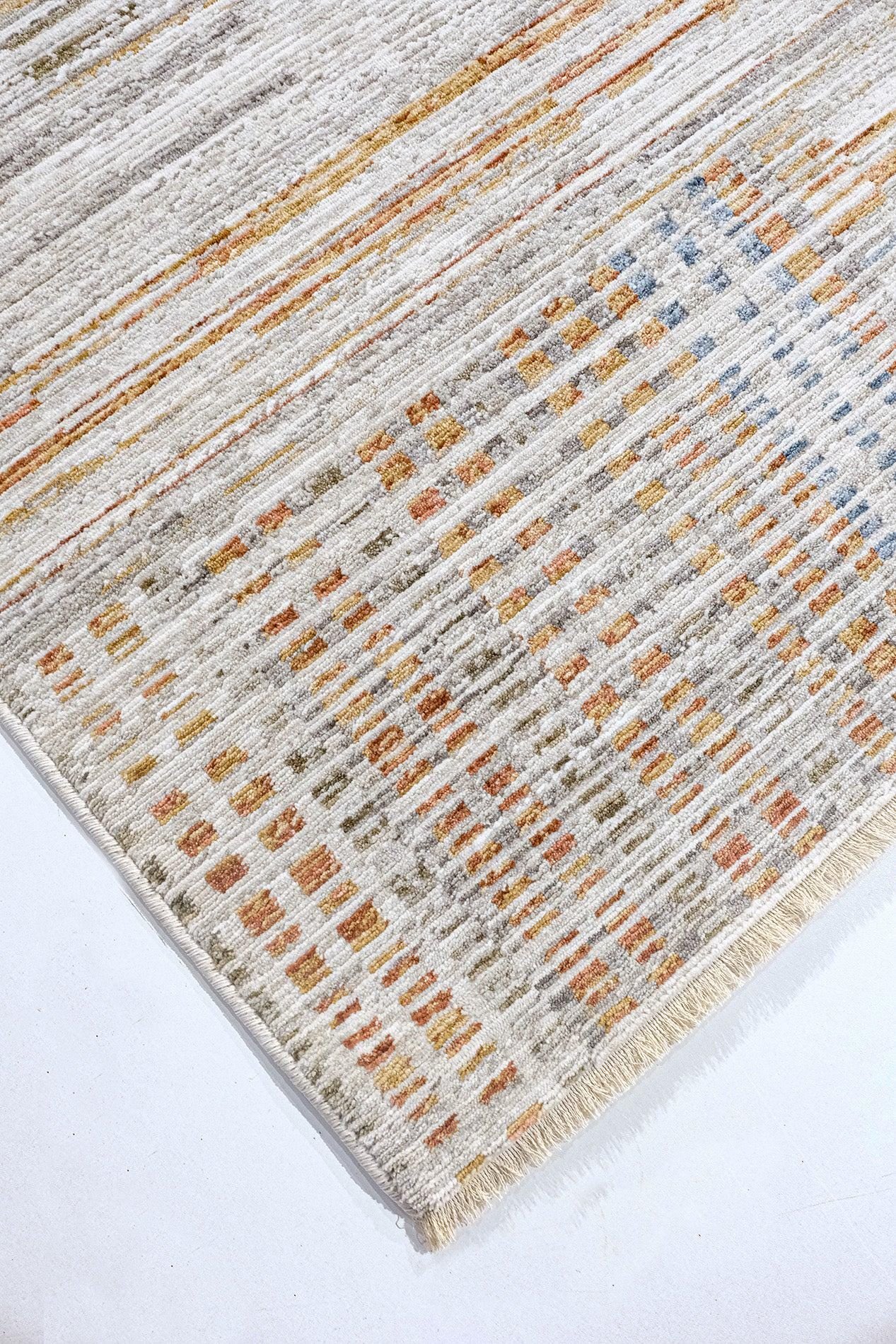 Modern Abstract Area Rug – Earthy Blue, Ochre, Grey Stripes (200x290cm)