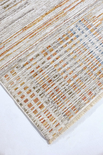 Modern Abstract Area Rug – Earthy Blue, Ochre, Grey Stripes (200x290cm)