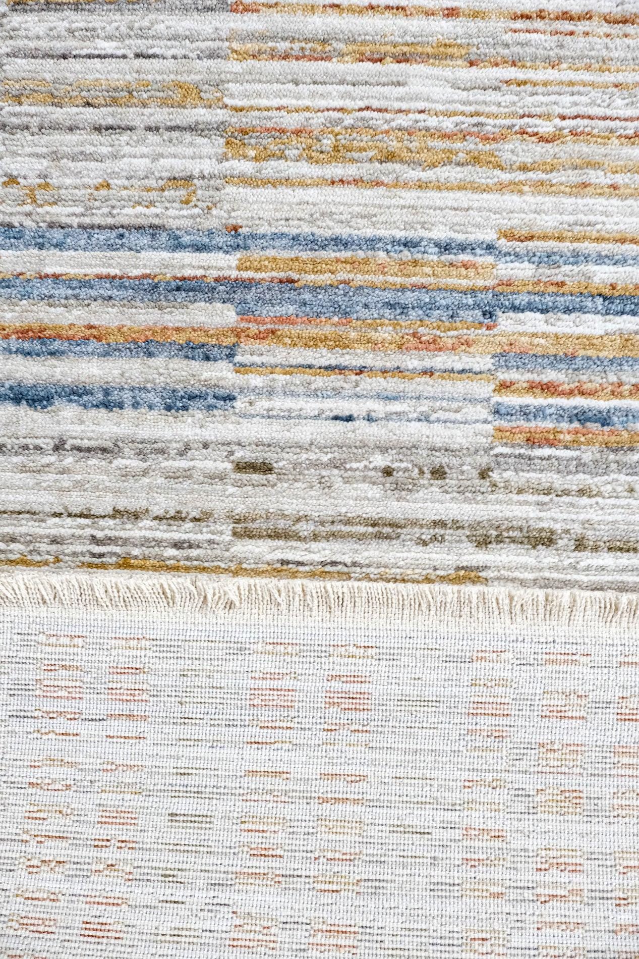 Modern Abstract Area Rug – Earthy Blue, Ochre, Grey Stripes (200x290cm)