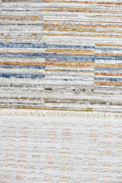 Modern Abstract Area Rug – Earthy Blue, Ochre, Grey Stripes (200x290cm)