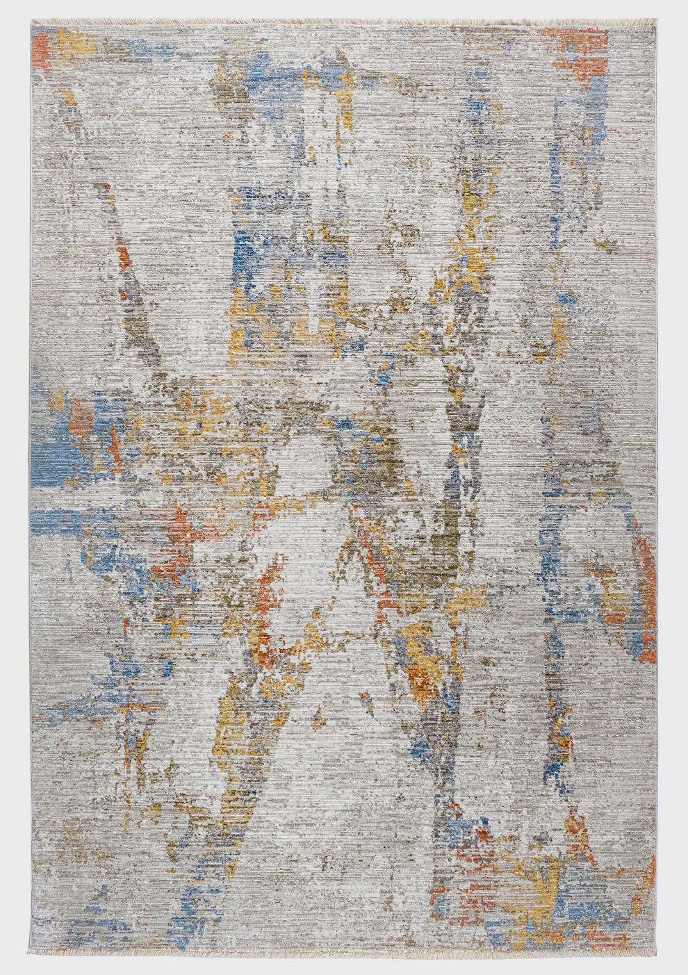 Abstract Area Rug | Distressed Impressionist Style, Blue Ochre Terracotta (7x10ft)