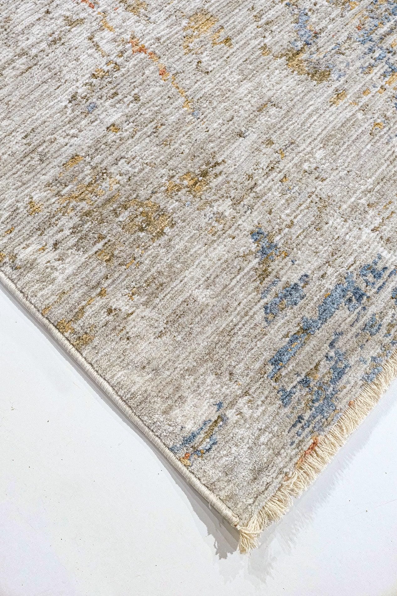 Abstract Area Rug | Distressed Impressionist Style, Blue Ochre Terracotta (7x10ft)