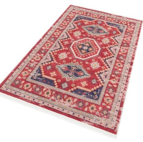 Red Turkish Style Area Rug: Geometric Medallion Design