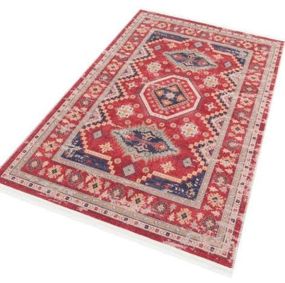 Red Turkish Style Area Rug: Geometric Medallion Design