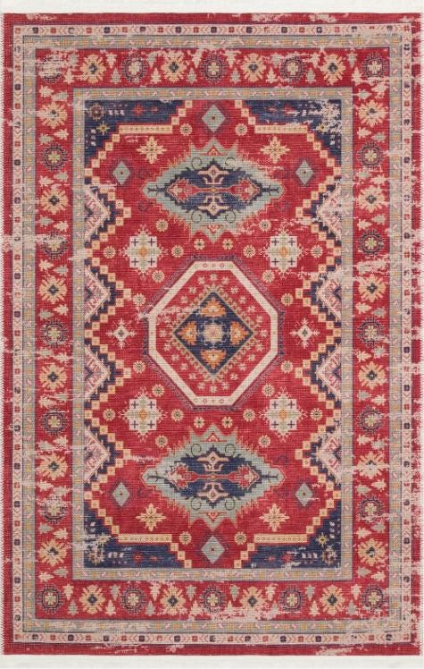 Red Turkish Style Area Rug: Geometric Medallion Design