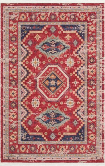 Red Turkish Style Area Rug: Geometric Medallion Design
