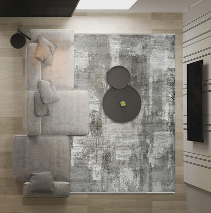Modern Abstract Charcoal & Silver Distressed Area Rug – Contemporary Industrial Living Room Carpet - 200x300cm - 7x10ft
