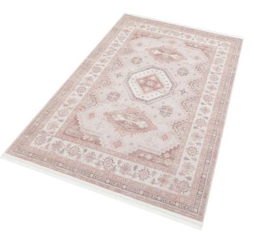 Muted Pink Turkish Style Rug: Soft Geometric Medallion, Vintage Look