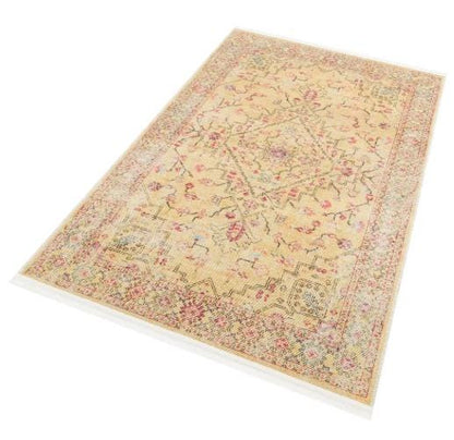 Light yellow Turkish-style rug with floral and vine motifs and a detailed decorative border