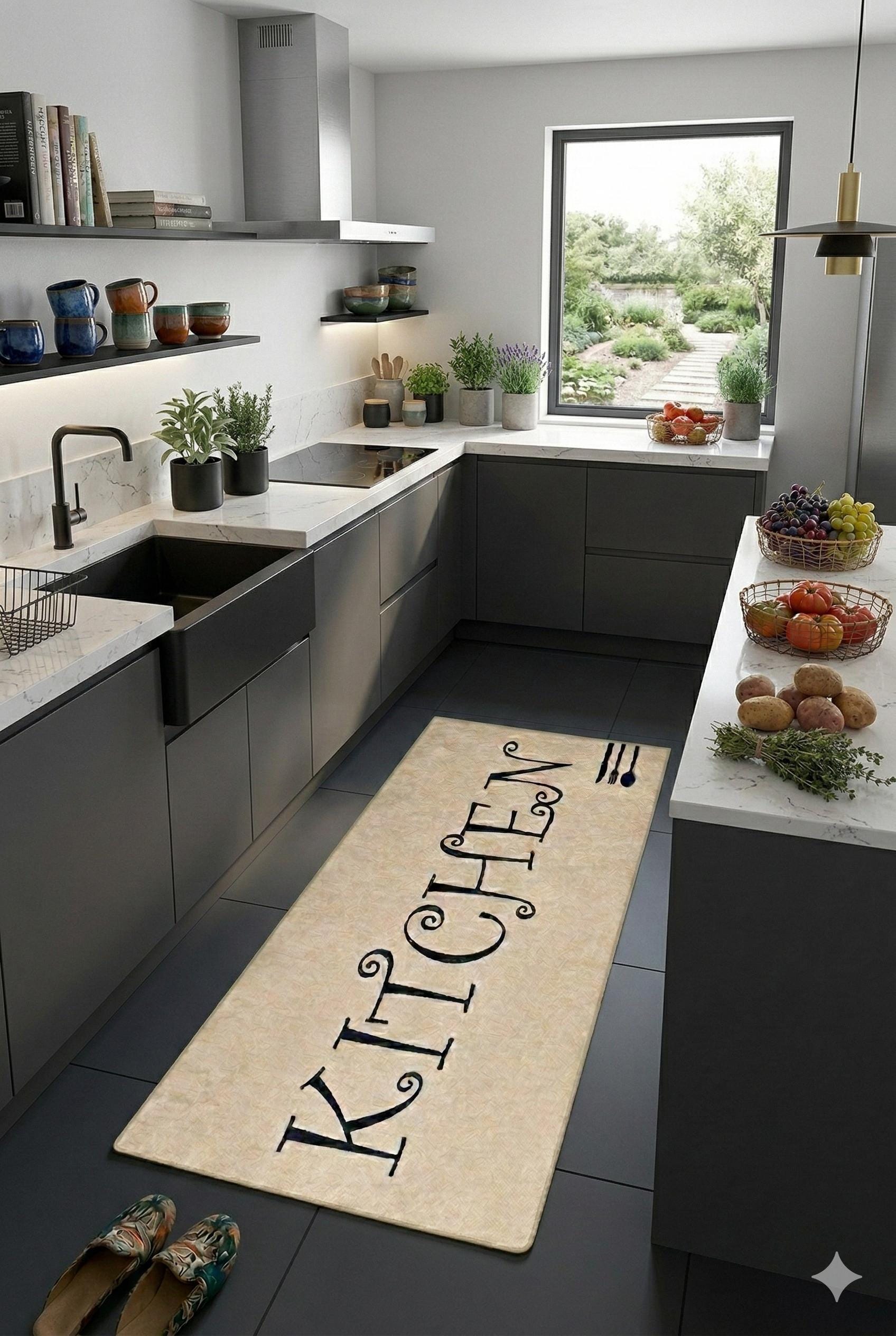 Large Kitchen Runner Mat, Decorative Calligraphy, Farmhouse Floor Rug