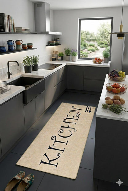 Large Kitchen Runner Mat, Decorative Calligraphy, Farmhouse Floor Rug