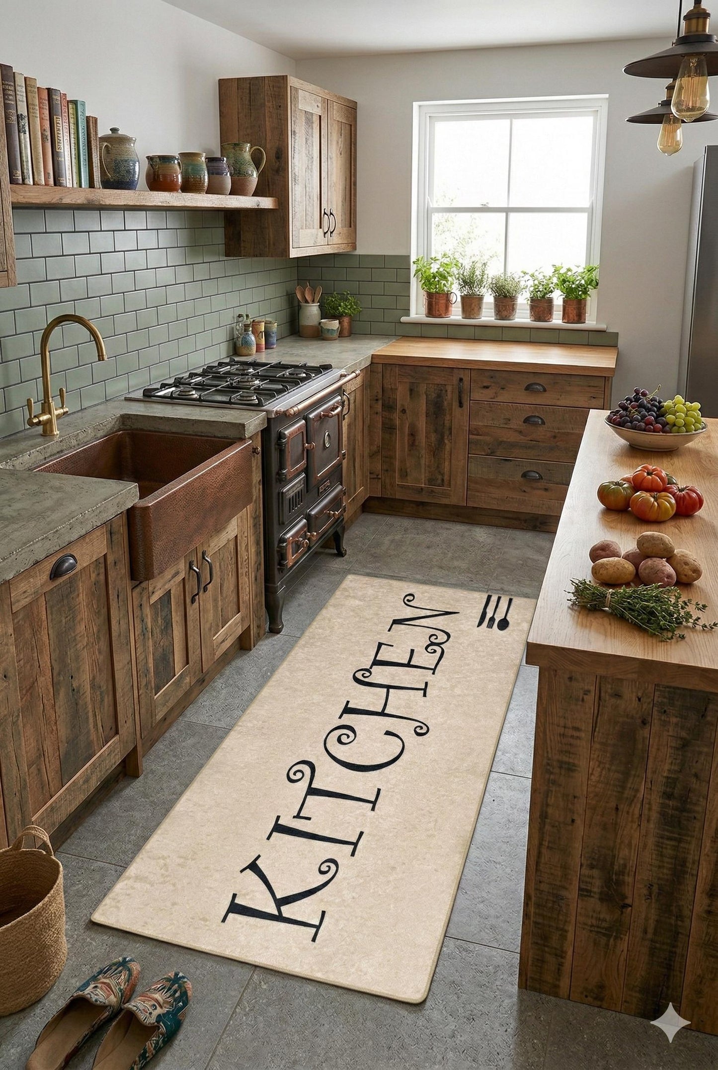 Large Kitchen Runner Mat, Decorative Calligraphy, Farmhouse Floor Rug