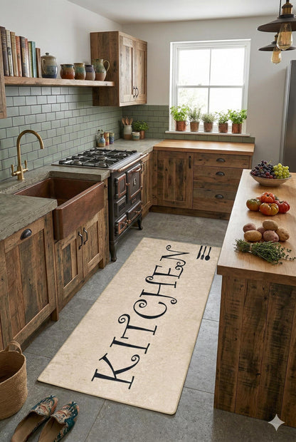 Large Kitchen Runner Mat, Decorative Calligraphy, Farmhouse Floor Rug