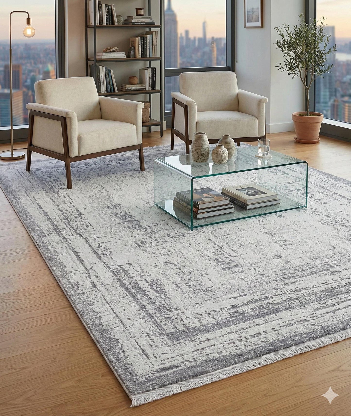 Modern Distressed Area Rug - Gray & White Transitional Carpet - 7x10