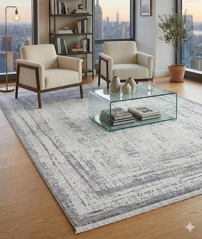 Modern Distressed Area Rug - Gray & White Transitional Carpet - 7x10