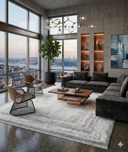 Modern Distressed Area Rug - Gray & White Transitional Carpet - 7x10