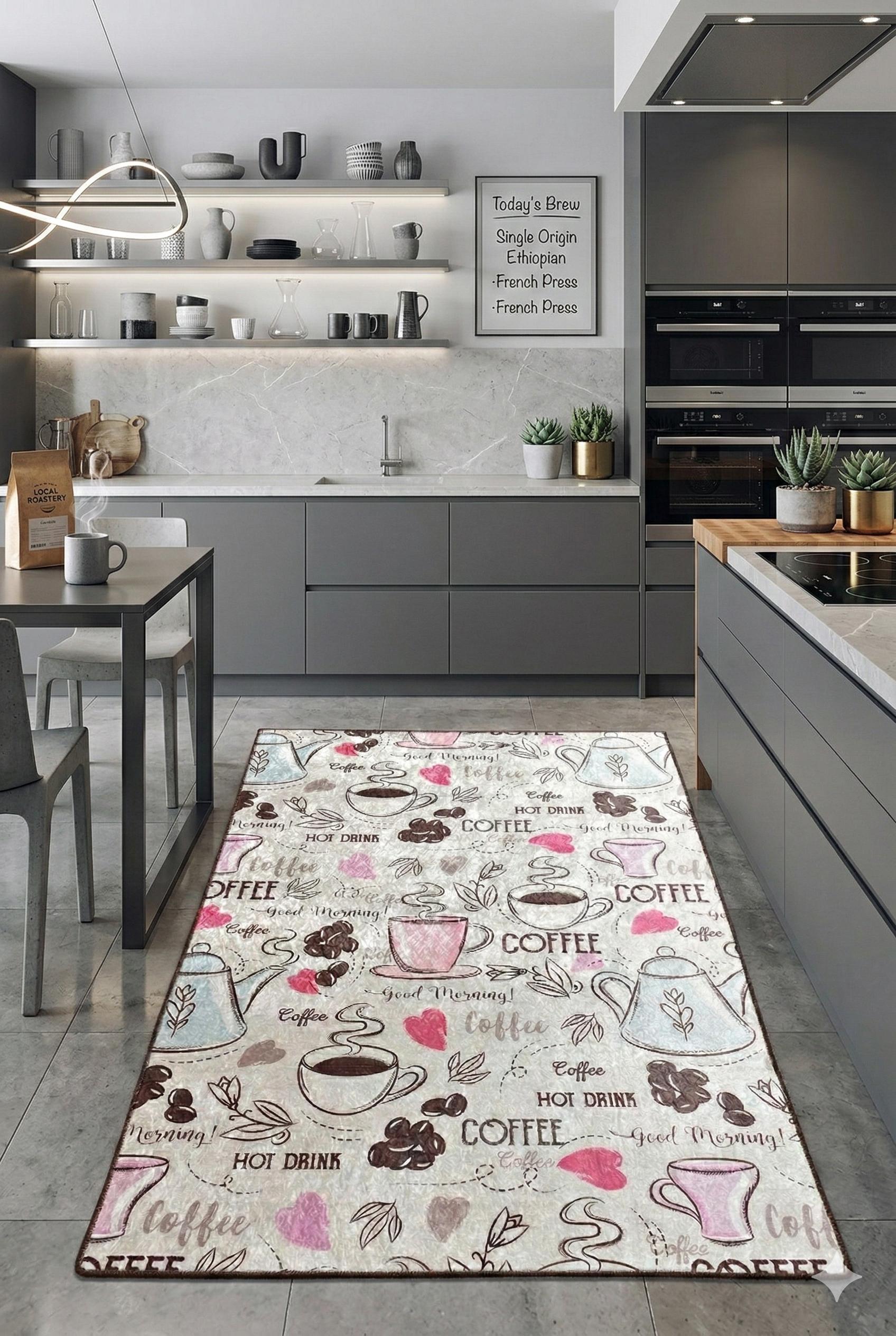 Whimsical Coffee Runner Rug – Illustrated Mugs, Teapots, Hearts Kitchen Decor