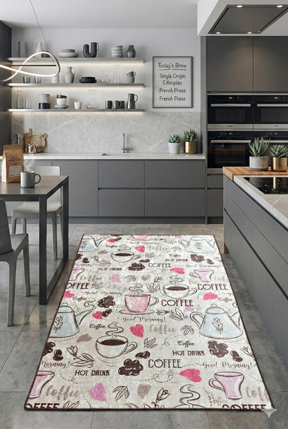Whimsical Coffee Runner Rug – Illustrated Mugs, Teapots, Hearts Kitchen Decor