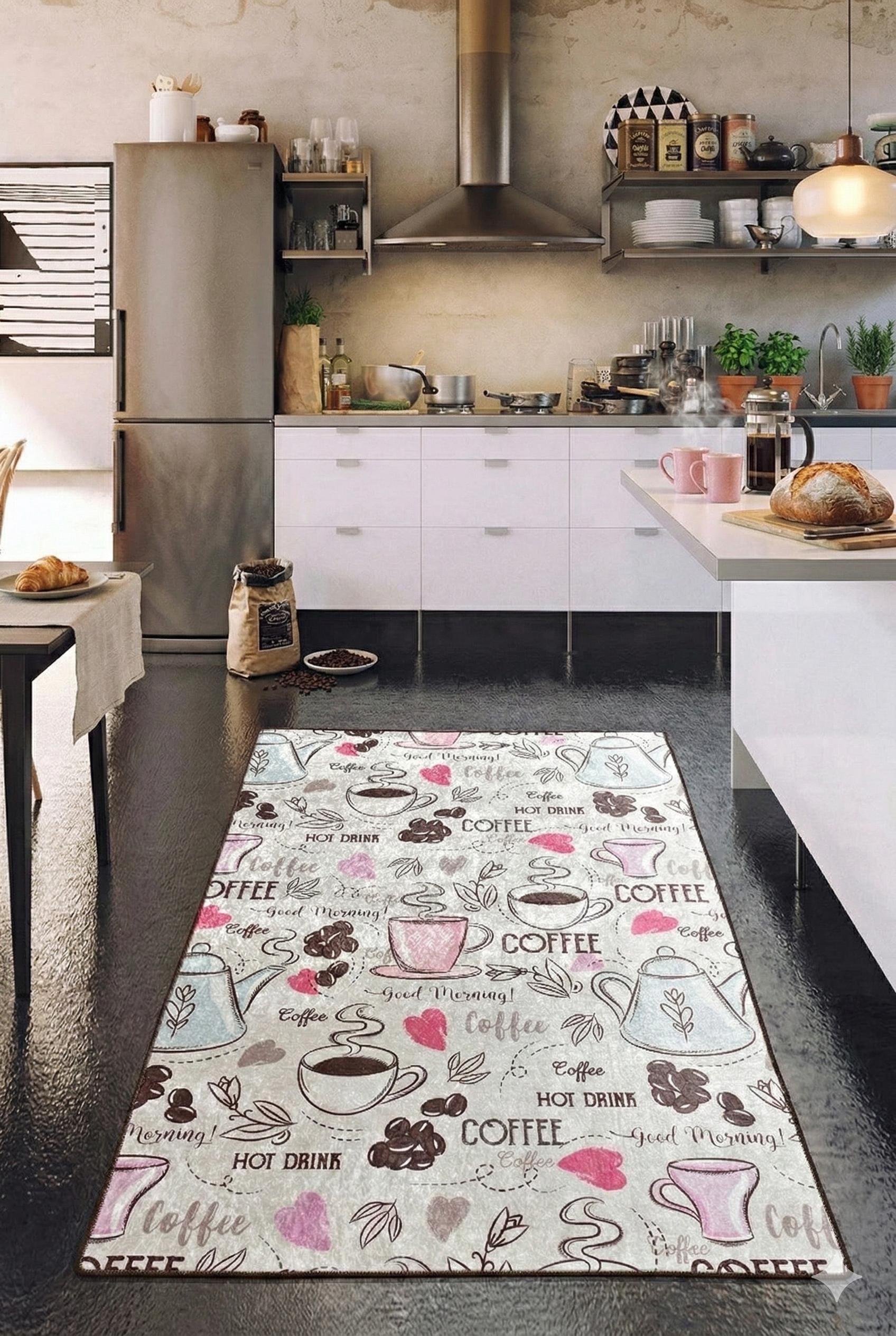 Whimsical Coffee Runner Rug – Illustrated Mugs, Teapots, Hearts Kitchen Decor