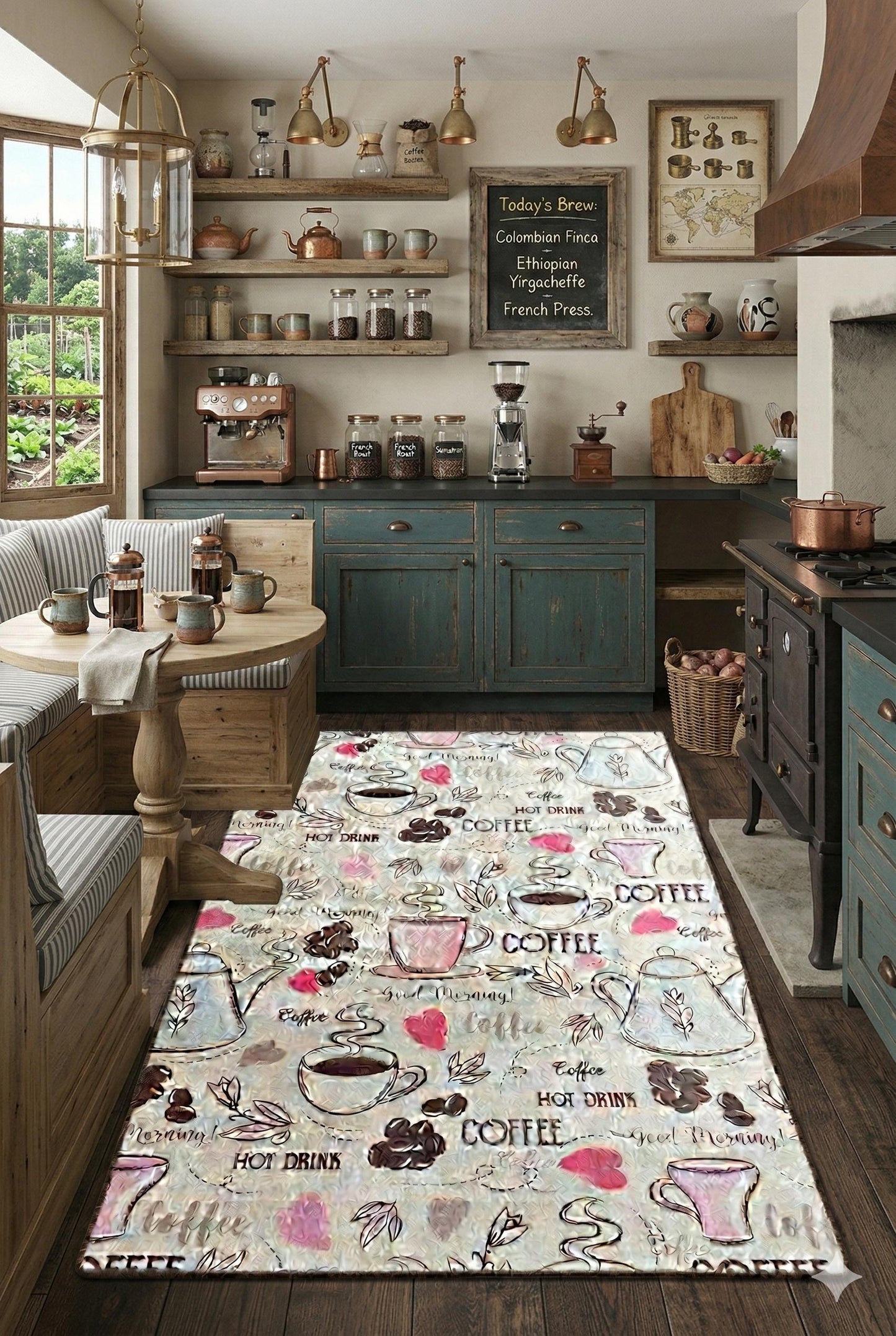 Whimsical Coffee Runner Rug – Illustrated Mugs, Teapots, Hearts Kitchen Decor