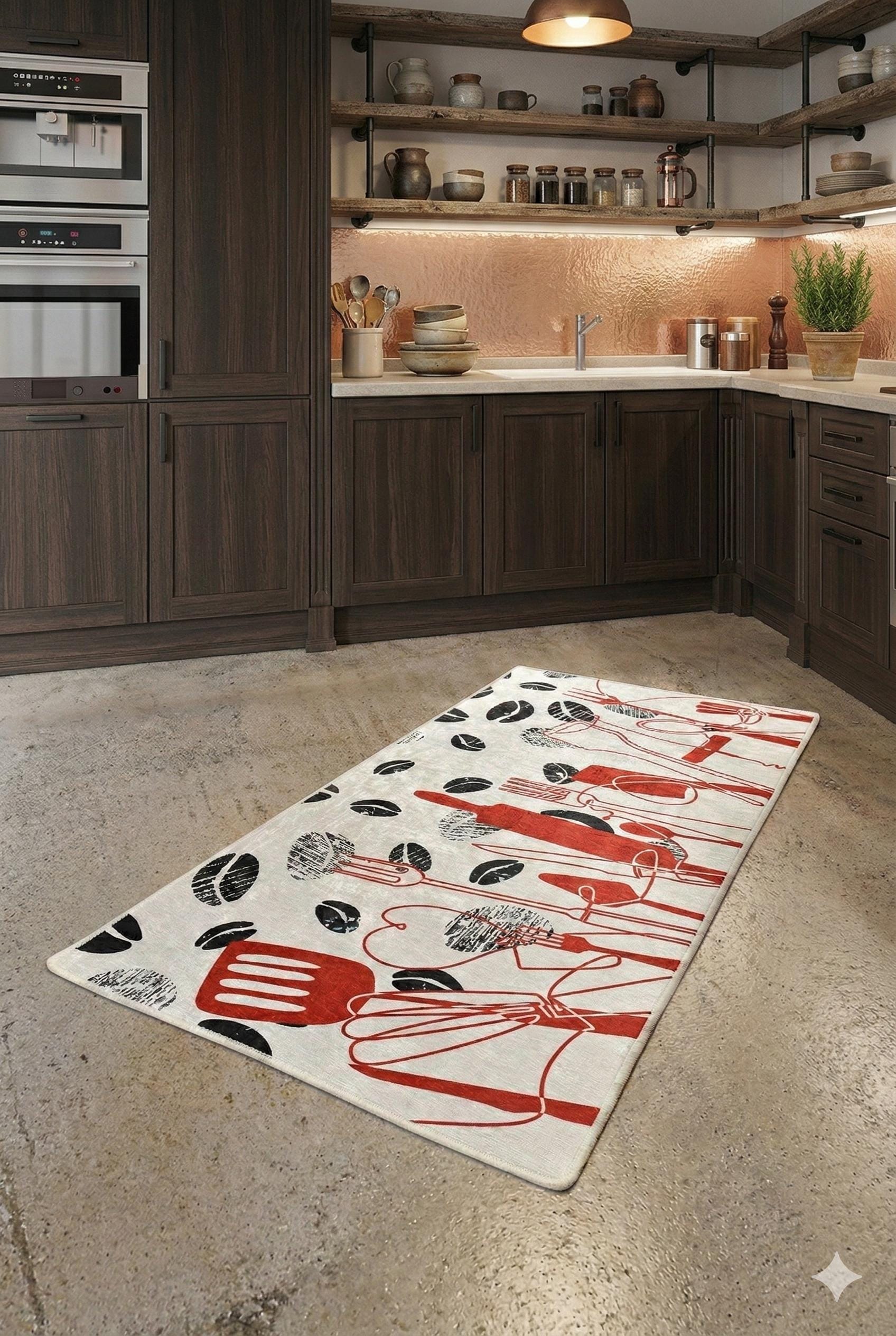 Modern Kitchen Rug | Red Black Utensil Coffee Bean Print, Non-Slip Mat