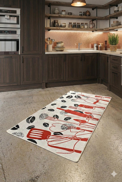 Modern Kitchen Rug | Red Black Utensil Coffee Bean Print, Non-Slip Mat
