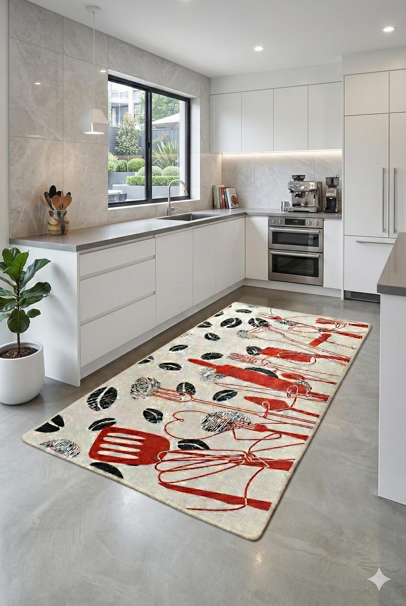 Modern Kitchen Rug | Red Black Utensil Coffee Bean Print, Non-Slip Mat