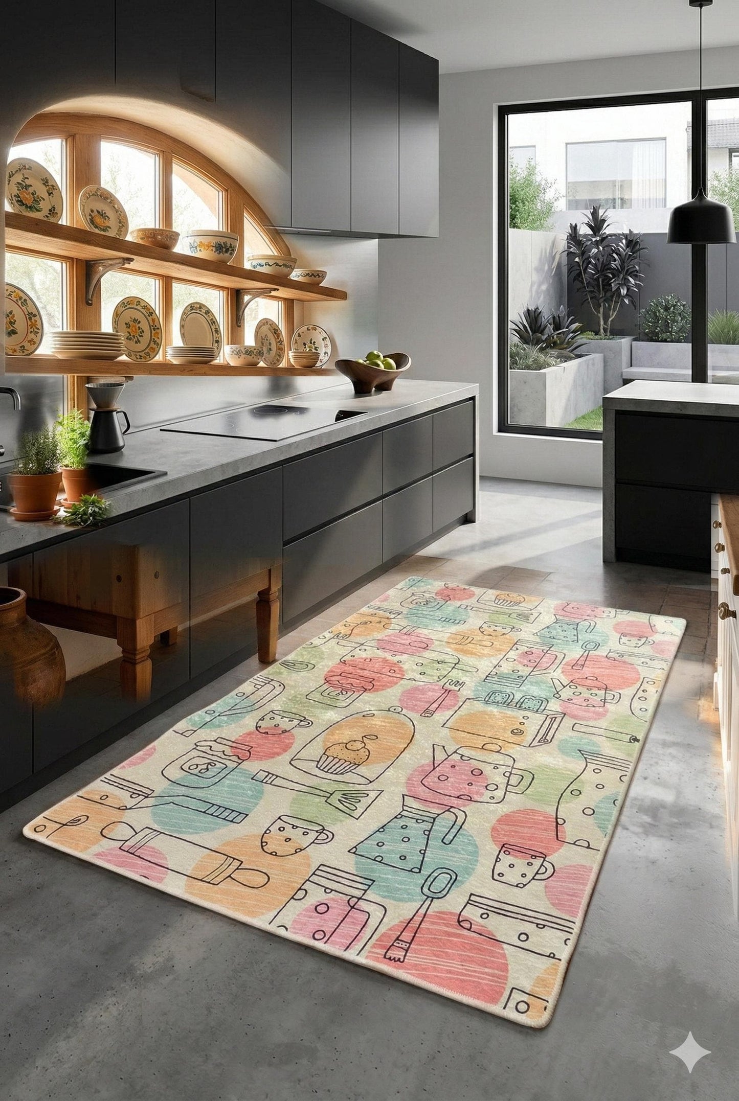 Pastel Kitchen Runner Rug, Hand-Drawn Baking and Coffee Pattern Floor Mat