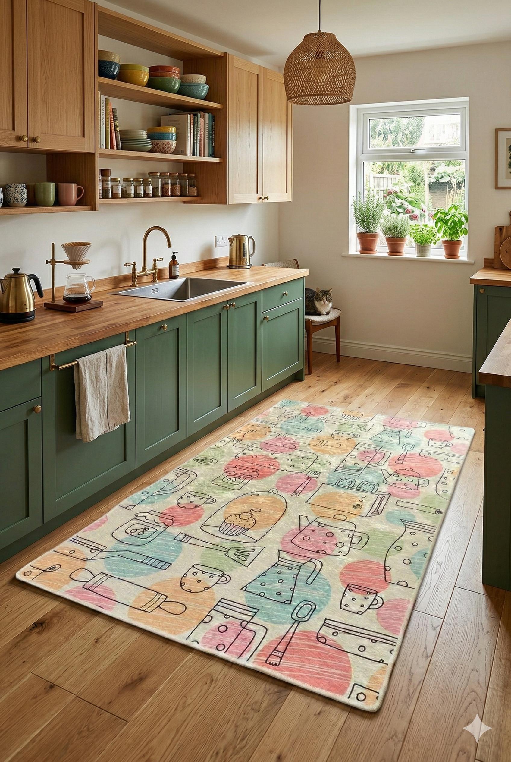 Pastel Kitchen Runner Rug, Hand-Drawn Baking and Coffee Pattern Floor Mat