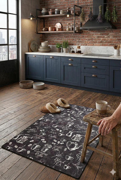 Chalkboard Coffee Kitchen Rug, Non-Slip Runner, Farmhouse Espresso Decor