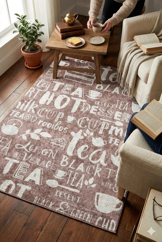 Washable Kitchen Runner Rug – Tea Coffee Typography Carpet, Non Slip Farmhouse Floor Mat