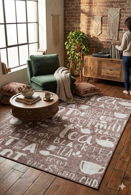 Washable Kitchen Runner Rug – Tea Coffee Typography Carpet, Non Slip Farmhouse Floor Mat