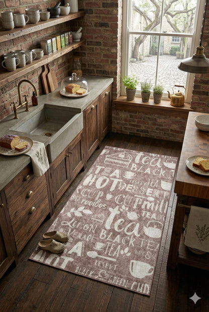 Washable Kitchen Runner Rug – Tea Coffee Typography Carpet, Non Slip Farmhouse Floor Mat