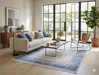 Distressed Blue Border Area Rug, Minimalist Scandinavian Living Room Carpet