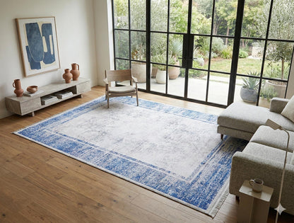 Distressed Blue Border Area Rug, Minimalist Scandinavian Living Room Carpet