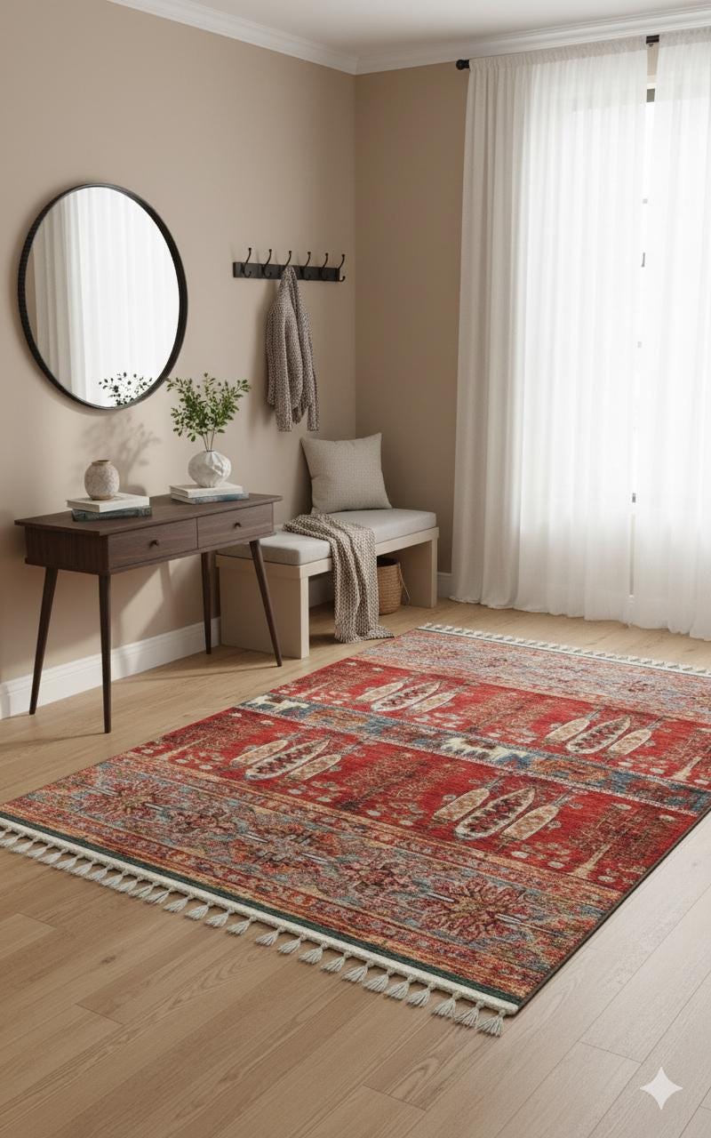 Red Vintage Rug: Classic Washable Rug with Tassels
