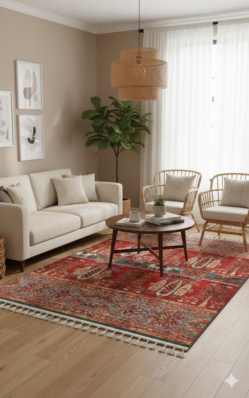Red Vintage Rug: Classic Washable Rug with Tassels