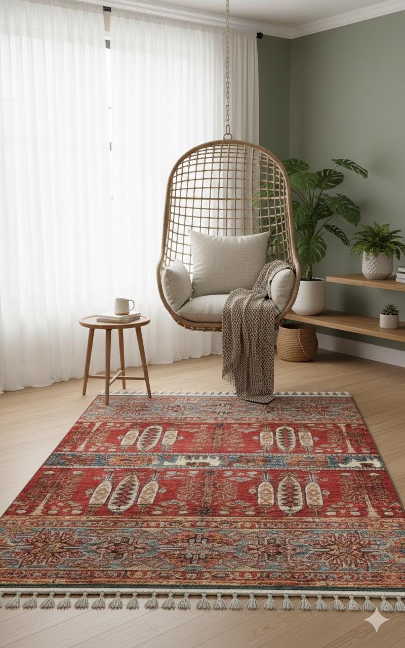 Red Vintage Rug: Classic Washable Rug with Tassels