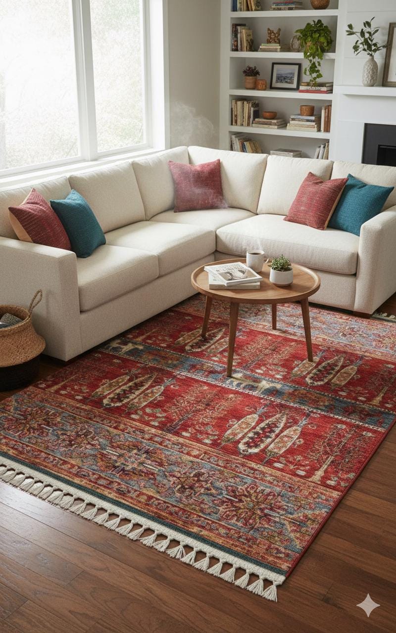 Red Vintage Rug: Classic Washable Rug with Tassels