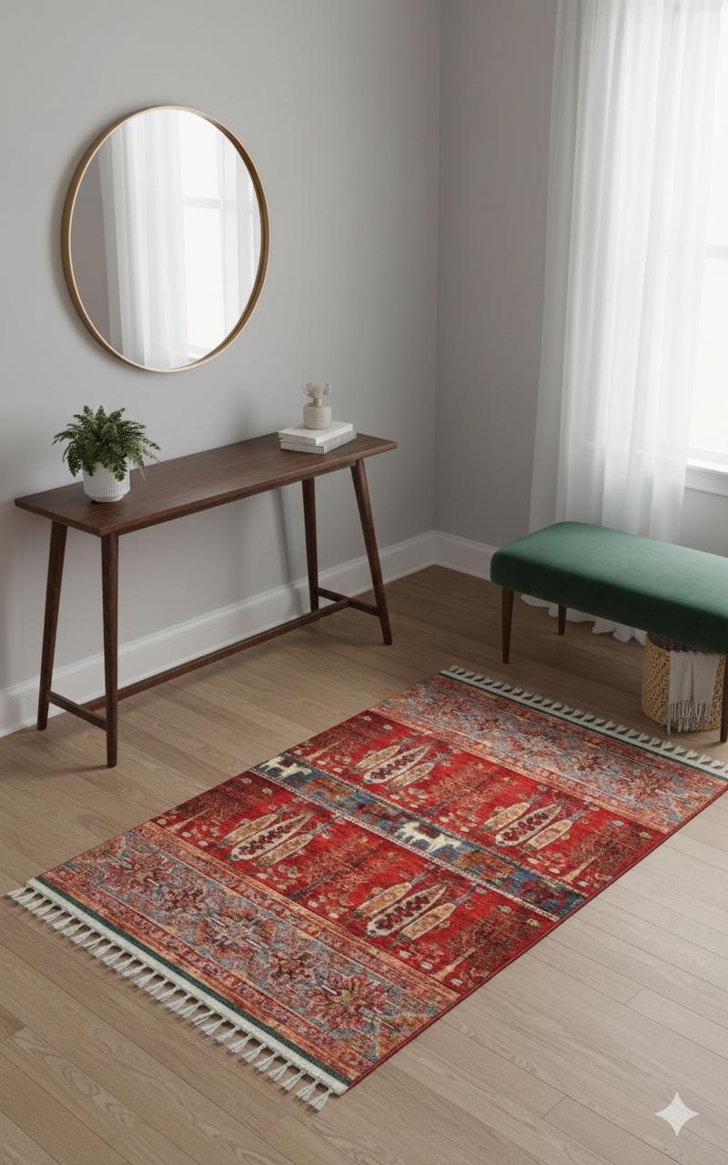 Red Vintage Rug: Classic Washable Rug with Tassels