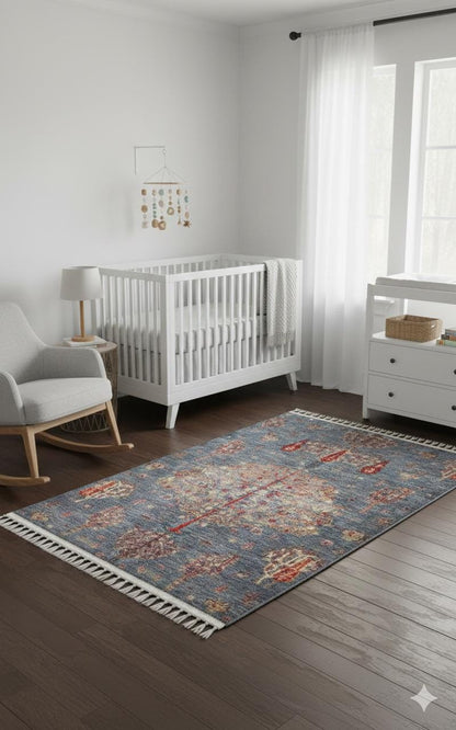 Blue Vintage Orienatl Rug: Classic Washable Rug with Tassels